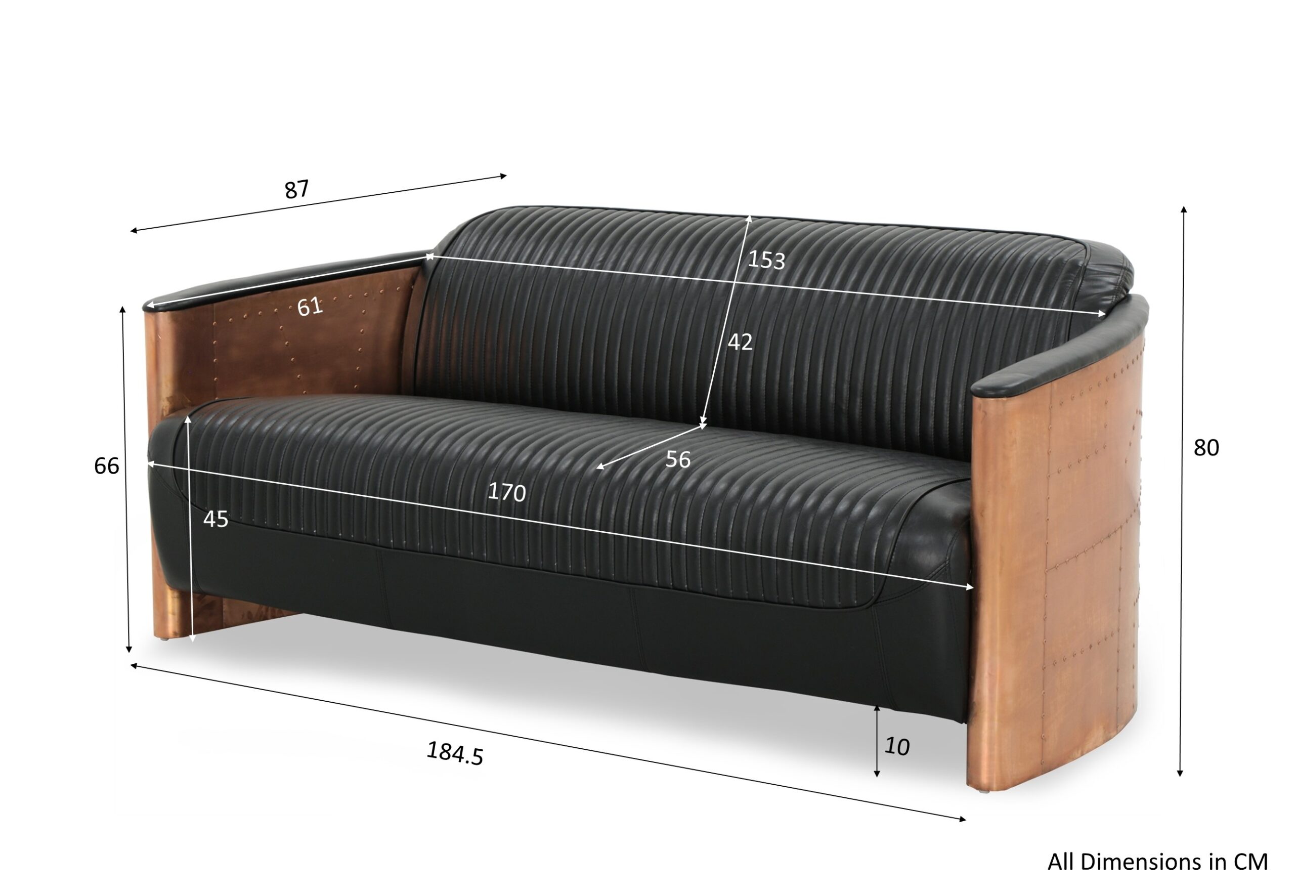 Aviator Replica 3 Seater Sofa Black PU Leather (Copper Gold) - Image 9
