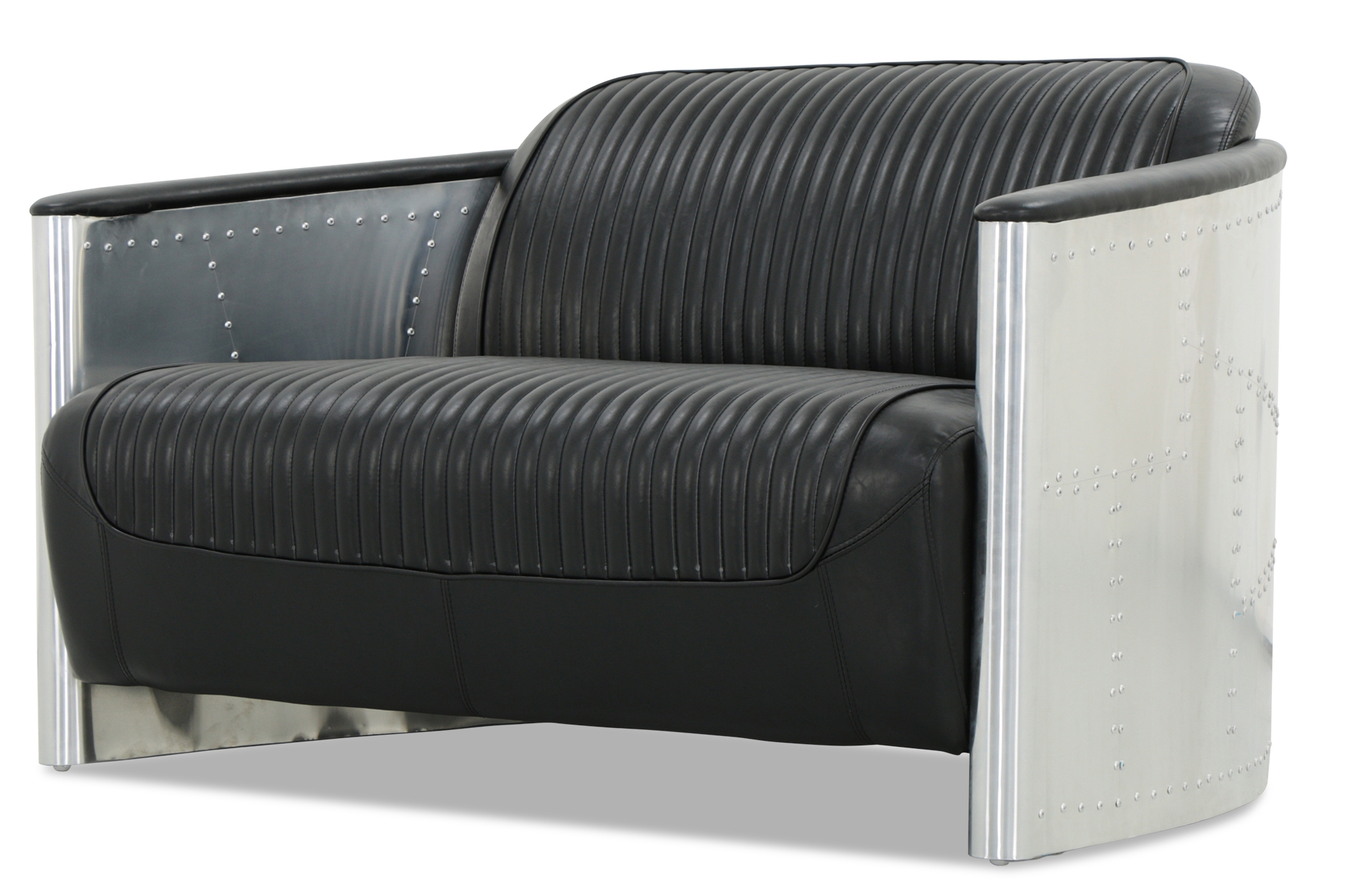Aviator Replica 2 Seater Sofa Black PU Leather (Aluminium Silver) - Image 3