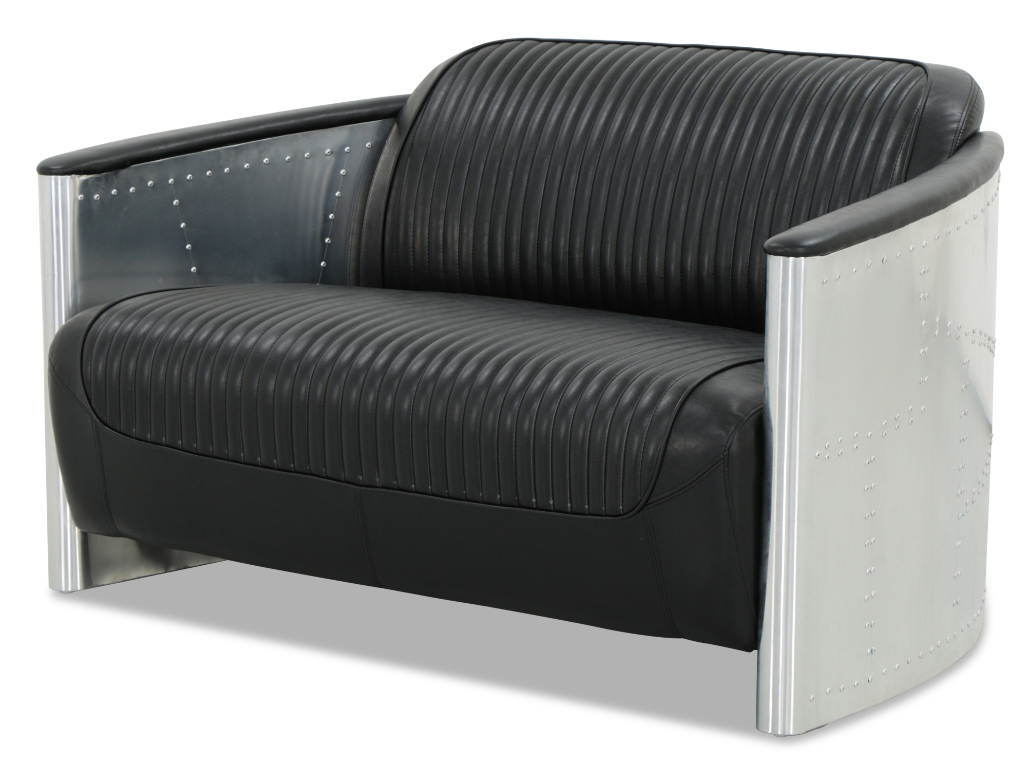 Aviator Replica 2 Seater Sofa Black PU Leather (Aluminium Silver) - Image 2