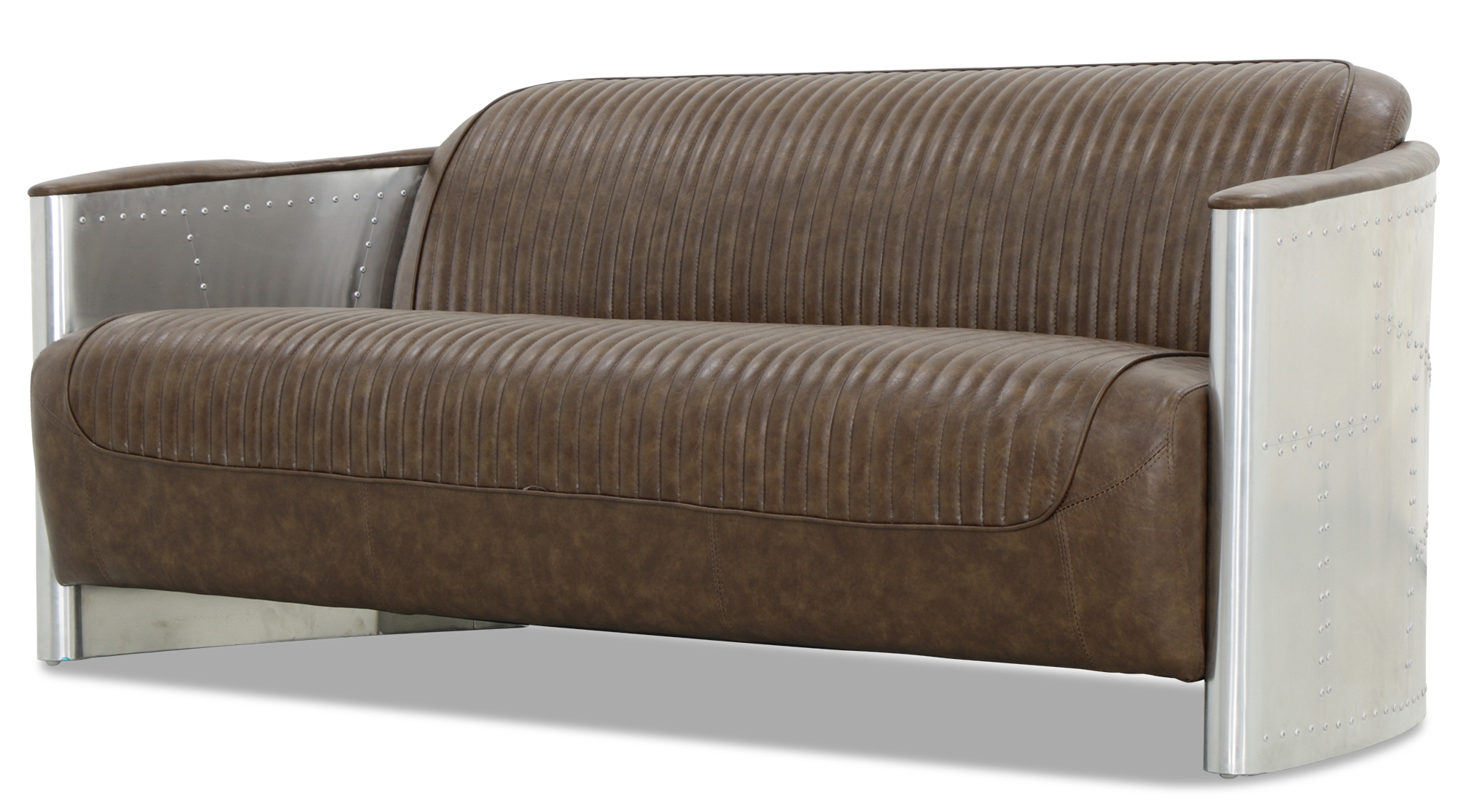 Aviator Replica 3 Seater Sofa Old Brown PU Leather (Aluminium Silver) - Image 3