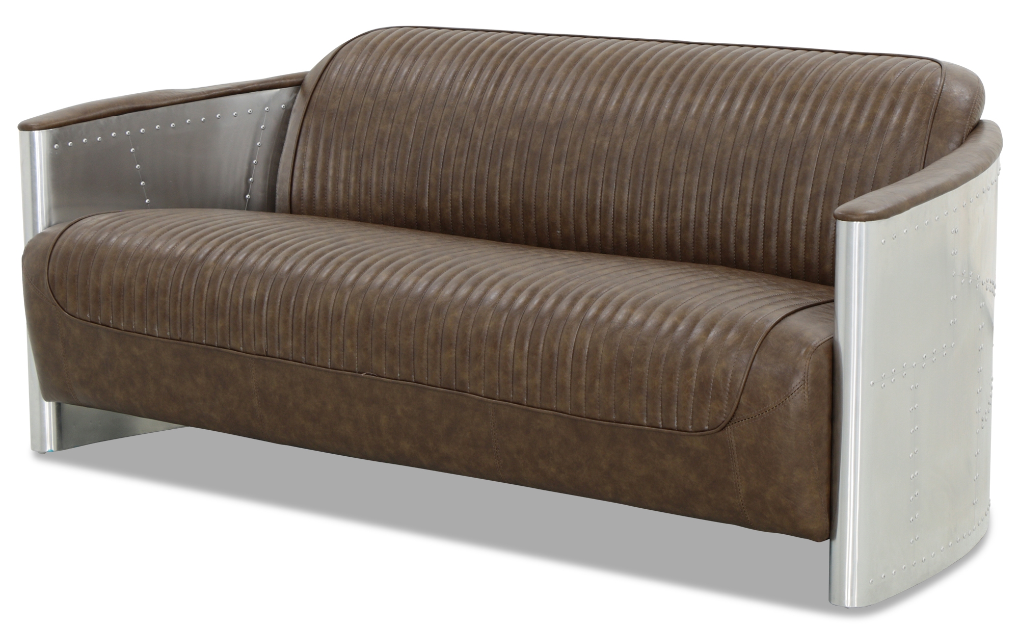 Aviator Replica 3 Seater Sofa Old Brown PU Leather (Aluminium Silver) - Image 2