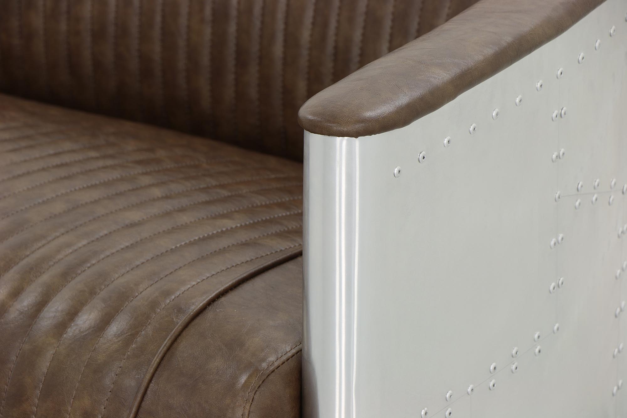 Aviator Replica 3 Seater Sofa Old Brown PU Leather (Aluminium Silver) - Image 8