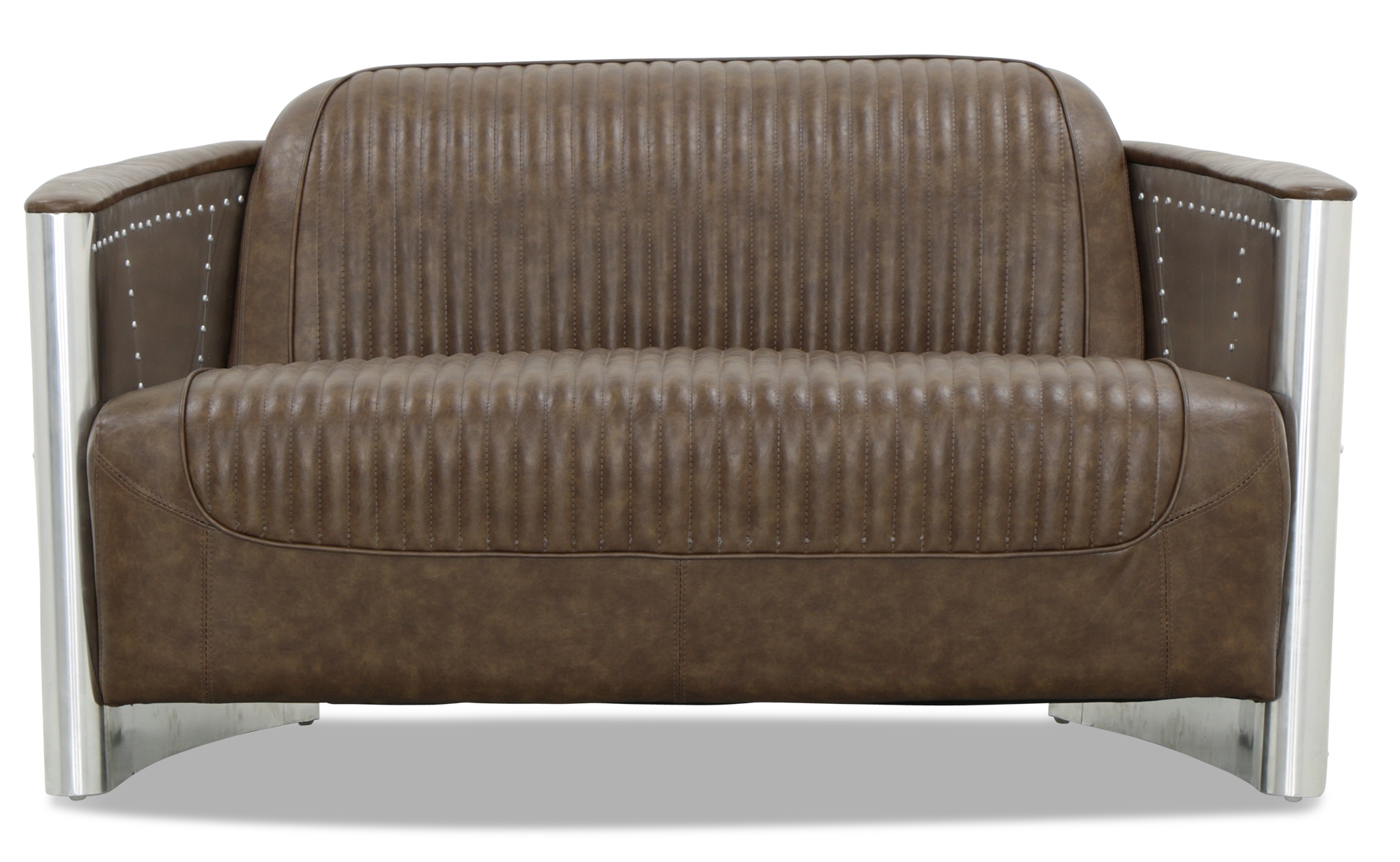 Aviator Replica 2 Seater Sofa Old Brown PU Leather (Aluminium Silver)