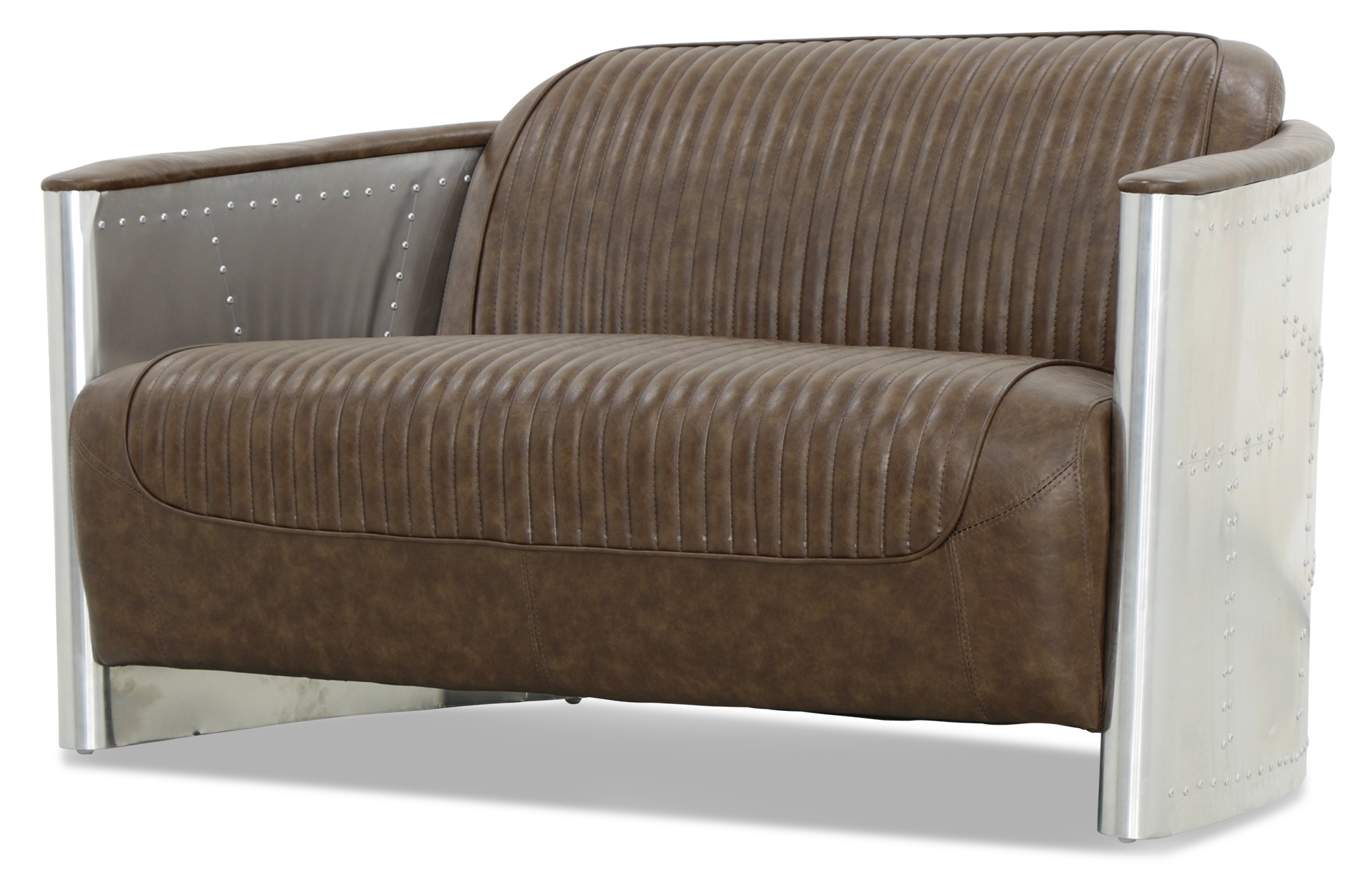 Aviator Replica 2 Seater Sofa Old Brown PU Leather (Aluminium Silver) - Image 3