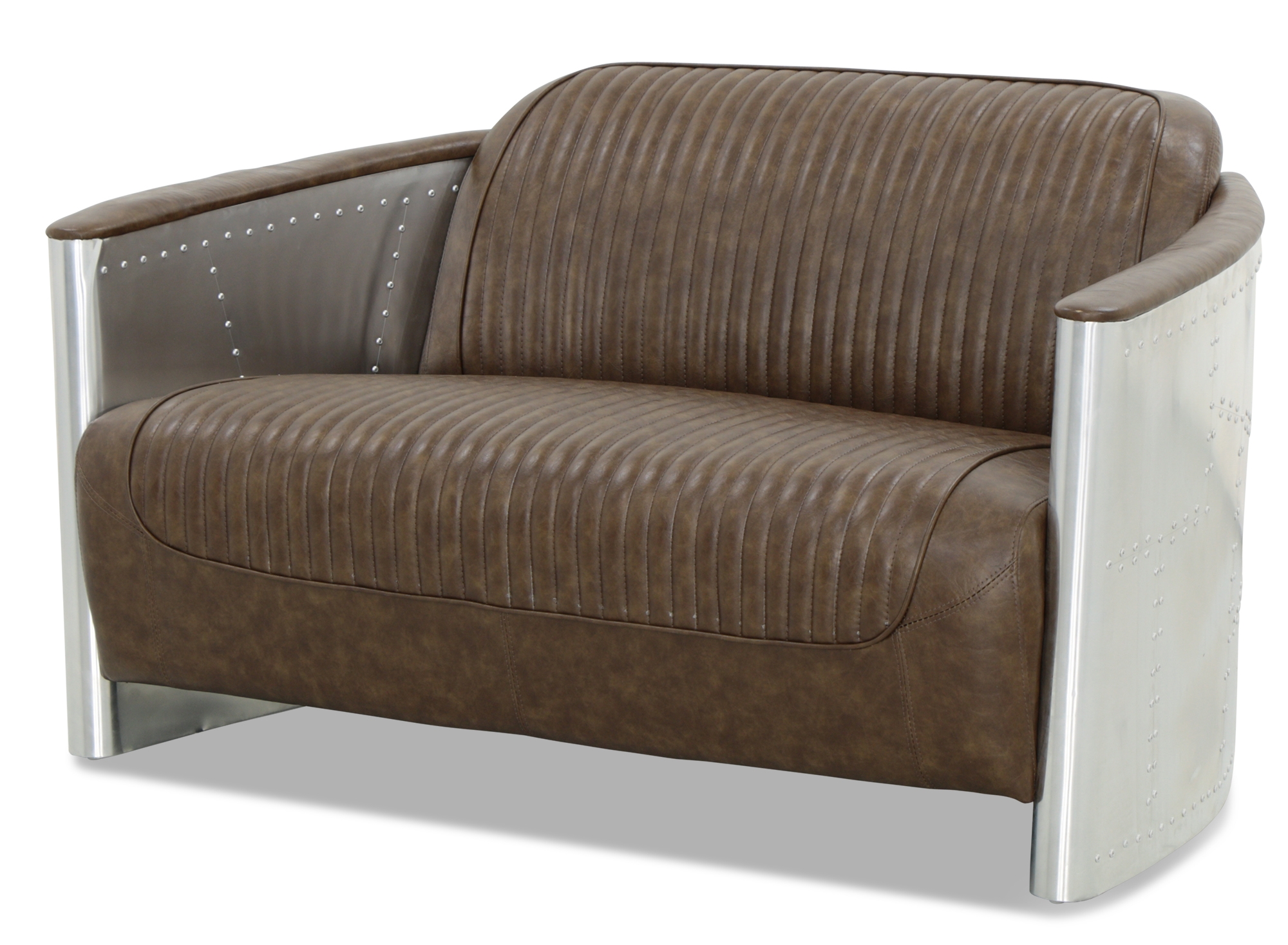 Aviator Replica 2 Seater Sofa Old Brown PU Leather (Aluminium Silver) - Image 2